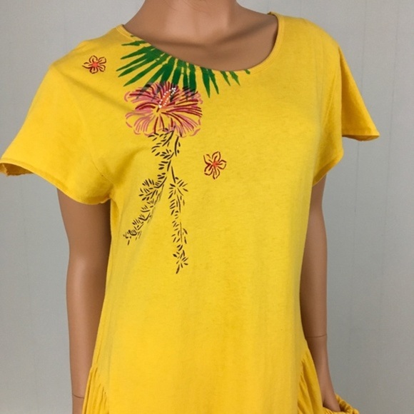 Vintage 90’s Yellow Swing Dress Floral Hand Painted Hawaiian Pockets Women M - Picture 7 of 15